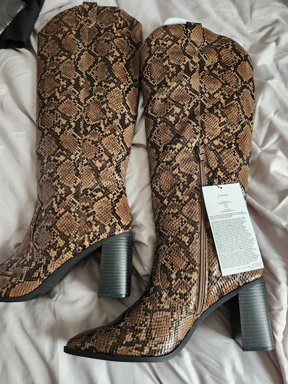 Snake-Print Mid-Calf Heeled Boots in Brown